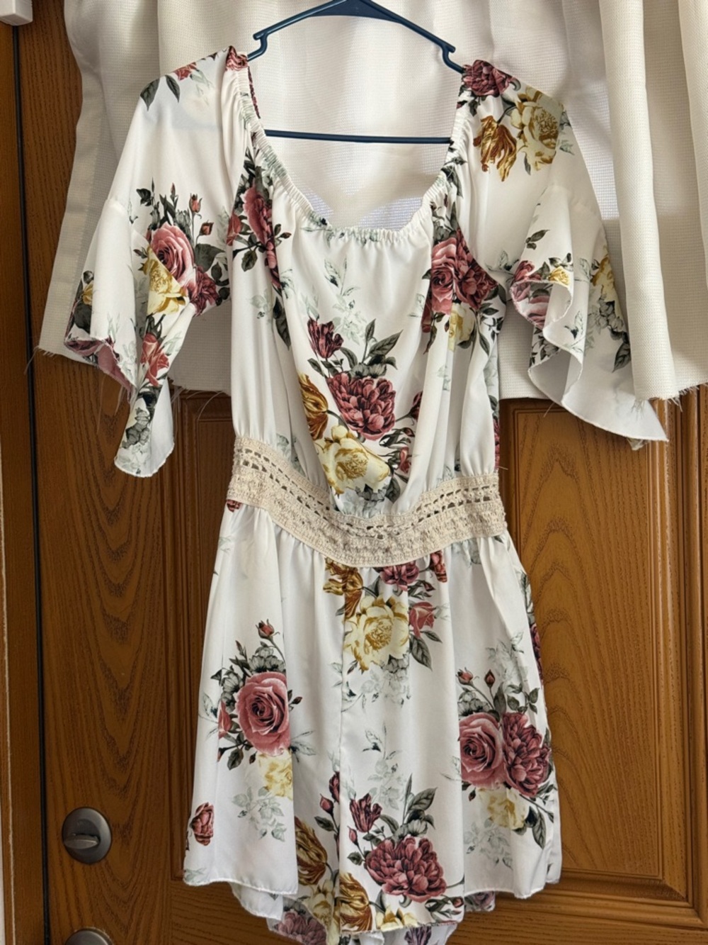 Floral Off-Shoulder Summer Short Romper in White with Rose Print